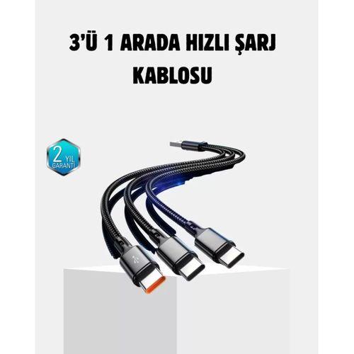 3 Başlıklı Hızlı Şarj Kablosu Metal Alaşımlı Dayanıklı Ve Akıllı Çipli