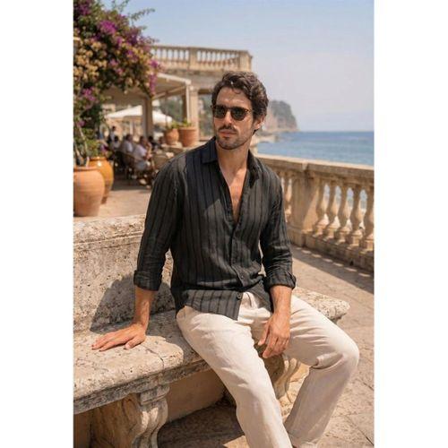 Ralph Çizgi Desenli Yumuşak Dokulu Rahat Kalıp Yazlık Erkek Gömlek - Siyah