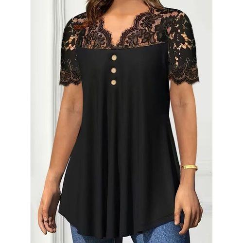 Kadın Kısa Kollu V Dantel Yakalı Düğmeli Viskon Bluz