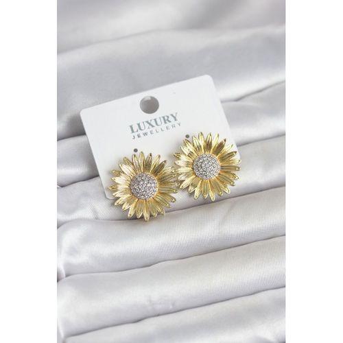 Papatya Model Zirkon Taşlı Pirinç Gold Renk Kadın Küpe