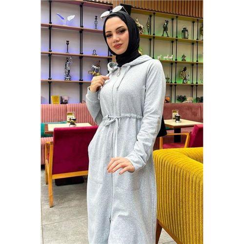 Kapşonlu Belden Bağlamalı Fermuarlı Sade Basic Uzun Tunik ve Pantolon İkili Spor Takım - 03065.008 - Gri