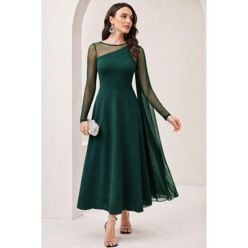 Kadın Uzun Kollu Yarı Balıkçı Yaka Tül Detaylı Uzun Sandy Elbise