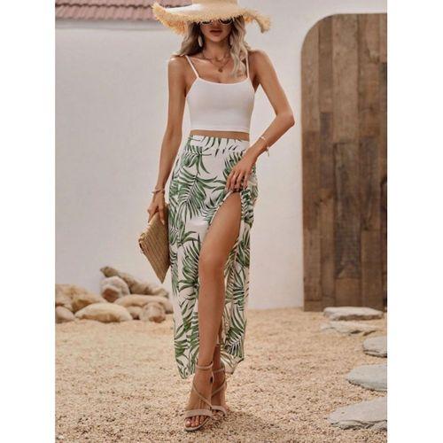 Kadın Ip Askılı Yuvarlak Yaka Kısa Viskon Bluz Ve Desenli Yırtmaçlı Süprem Etek Ikili Takım