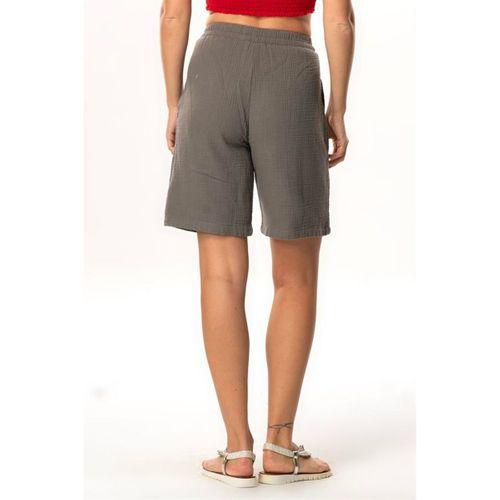 İnci Bağlamalı Uzun Yazlık Müslin Şort Gri Gri