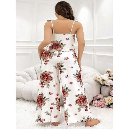 Büyük Beden Gül Desenli İnce Askılı Beyaz Salaş 2'li Takım