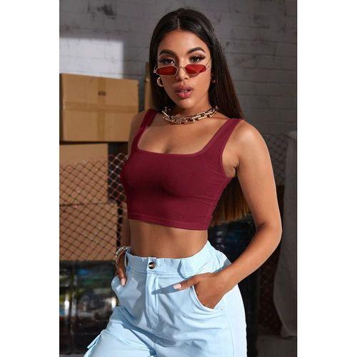 Kadın Bordo Kalın Askılı Crop Top Büstiyer Esnek Kumaş Şık Basic Kadın Üst Giyim