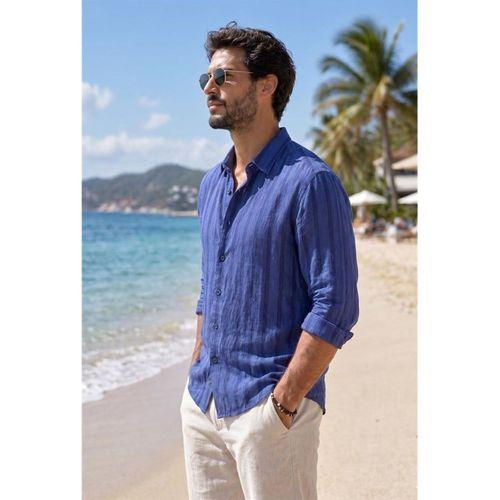 Ralph Çizgi Desenli Yumuşak Dokulu Rahat Kalıp Yazlık Erkek Gömlek - Lacivert