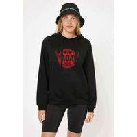 AOA Good Luck Baskılı Siyah Kadın Kapşonlu Sweatshirt
