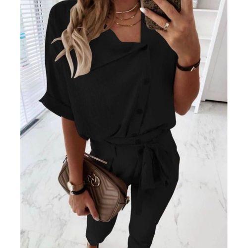 Kadın Kısa Kollu Yakalı önden Düğmeli Bürümcük Bluz Ve Pantolon Ikili Takım