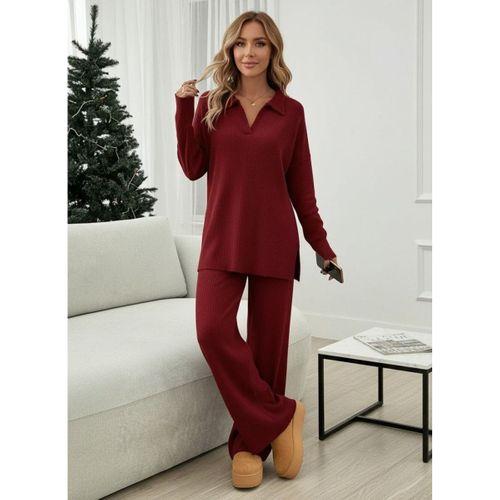 Kadın Uzun Kollu V Yakalı şardonlu Kaşkorse Bluz Ve Pantolon Ikili Takım