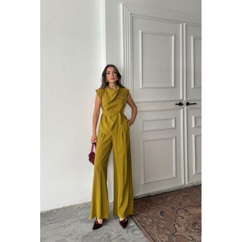TENCEL MODAL KOLSUZ BLUZ KAPALI CEP DETAYLI DÖKÜMLÜ - PANTOLON TAKIM - Yağ Yeşili