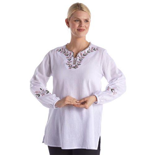 Şile Bezi Uzun Kol Beyaz Nakış Detaylı V Yaka Yazlık Otantik Bluz