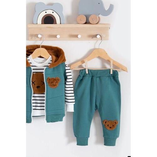 Peluş Ayıcık Desenli Kapişonlu 3'lü Erkek Bebek Takımı
