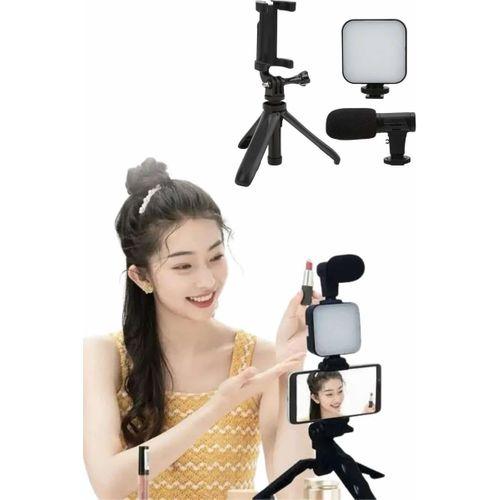 Tripod Telefon Tutucu Kumandalı Mikrofon Led Işık Vlog Video Kayıt