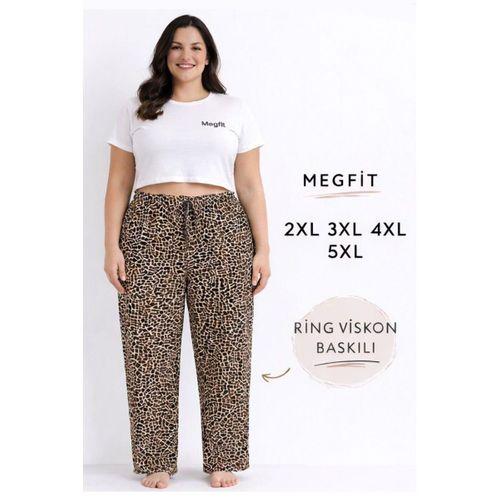 Viskon Pamuklu Kadın Büyük Beden Leopar Desenli Pijama Pantolon - Brf005 -