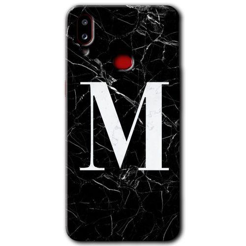 Samsung Galaxy A10s Kılıf HD Desen Baskılı Arka Kapak + Temperli Cam - Siyah Mermer Desenli M Harfi