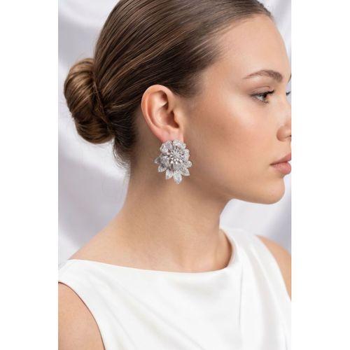 Gümüş Renk Zirkon Taşlı Çiçek Model Kadın Abiye Küpe