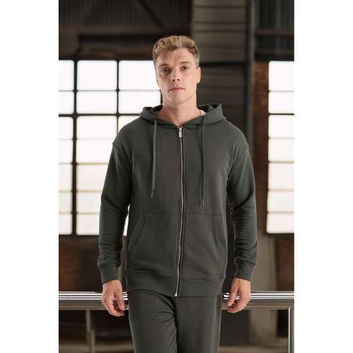 Haneke Regular Kalıp Diagonal 3 İplik Fermuarlı Kapüşonlu Erkek Sweatshirt - Çam Yeşili