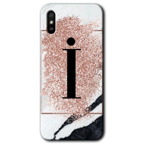 MRCİLETİSİM Xiaomi Redmi 9A Kılıf HD Desen Baskılı Arka Kapak+Temperli Cam - Pembe Mermer Desenli İ Harfi