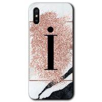 MRCİLETİSİM Xiaomi Redmi 9A Kılıf HD Desen Baskılı Arka Kapak+Temperli Cam - Pembe Mermer Desenli İ Harfi