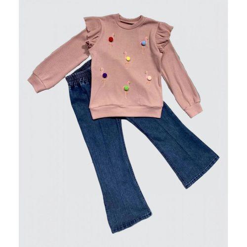 4-5-6 Yaş Kot Pantolonlu Flamingo Desenli Penye Sweat Uzun Kollu 2li Kız Çocuk Takımı Gül Kurusu