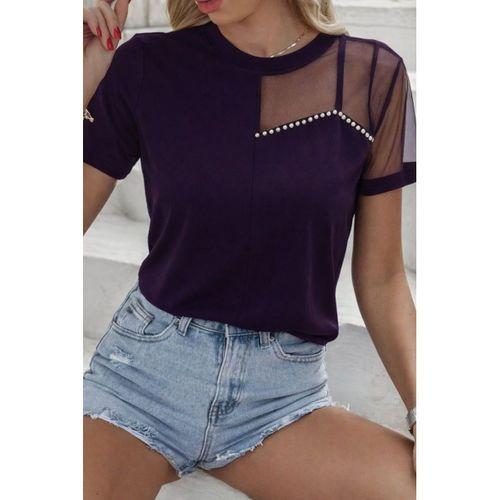 Kadın Kısa Kollu Tül Detaylı Taşlı Janjan Krep Bluz