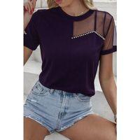 Kadın Kısa Kollu Tül Detaylı Taşlı Janjan Krep Bluz