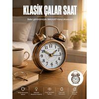 Metal Bronz Nostaljik Masa Saati Alarmlı Büyük Boy Sessiz Mekanizmalı