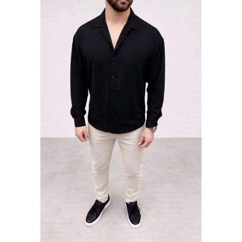 Erkek Aerobin Kumaş Oversize 4 Mevsim Uzun Kollu Rahat Kalıp Gömlek - Siyah