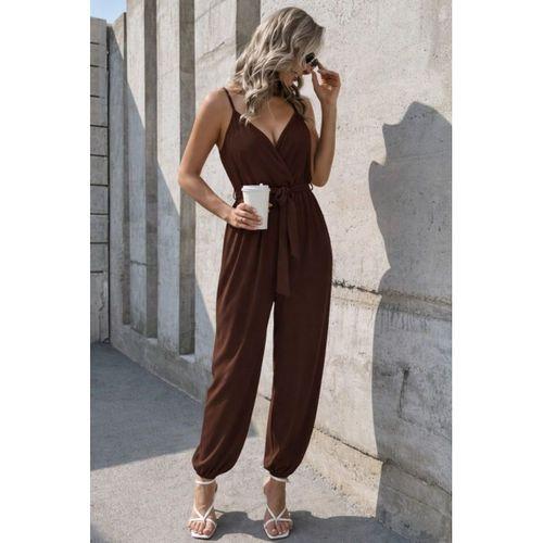 Kadın Ip Askılı Kruvaze Yakalı Belden Kuşaklı Uzun Sandy Tulum