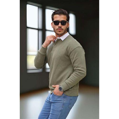 Polo Yaka Selanik Örme Kumaş Erkek Sweatshirt - Açık Haki
