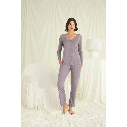 Yakası Kolu Ve Omzu Dantelli Boydan Düğmeli Pijama Takımı