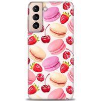 Samsung Galaxy S21 Kılıf HD Baskılı Kılıf - Makaron ve Çilekler + Tam Ekran Koruyucu