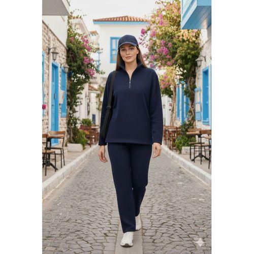 Kadın Balıkçı Yaka Fermuar Detay Polar Sweat Ve Pantolon Ikili Takım