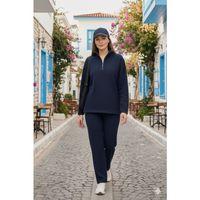 Kadın Balıkçı Yaka Fermuar Detay Polar Sweat Ve Pantolon Ikili Takım