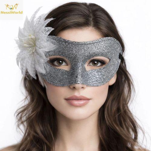 Gümüş Simli Tüylü Balo Maskesi – Kadın Parti &amp; Maskeli Balo Maskesi