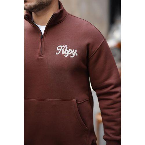 Cozy Kanguru Nakışlı Şardonlu Yarım Fermuar Sweatshirt - Kahve