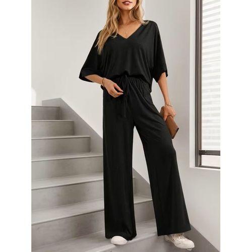 Kadın Kısa Kollu V Yakalı Viskon Bluz Ve Pantolon Ikili Takım