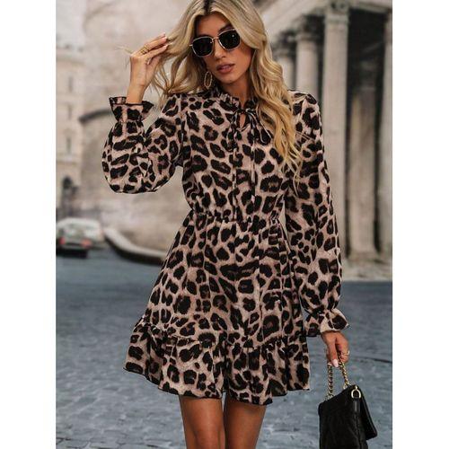 Kadın Uzun Kollu Yakadan Bağcıklı Modal Leopar Desenli Mini Elbise