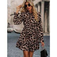 Kadın Uzun Kollu Yakadan Bağcıklı Modal Leopar Desenli Mini Elbise