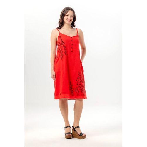 Askılı Yazgı Şile Bezi Yazlık Kısa Nakışlı Elbise Kırmızı Krmz