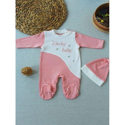 0-3 3-6 Ay Lucky Baby Nakışlı Es Çizgi Boy Şapkalı Kız Bebek Tulumu Pudra