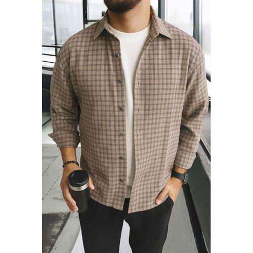 Alfonso Ekose Büyük Kareli Relaxed Fit %100 Pamuklu Flanel Kumaş Erkek Gömlek - Bej