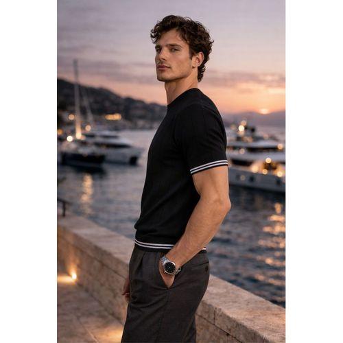 Dale Kolları Şeritli Bisiklet Yaka İnce Triko Örme Regular Fit Erkek T-Shirt - Siyah