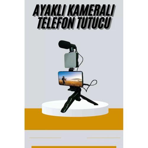 Tripod Telefon Tutucu Kumandalı Mikrofon Led Işık Vlog Video Kayıt