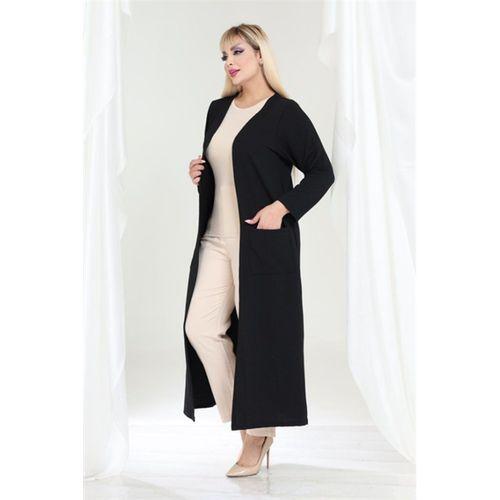 Melsay Butik Büyük Beden Siyah Dokulu Örme Kumaş Uzun Kadın Hırka