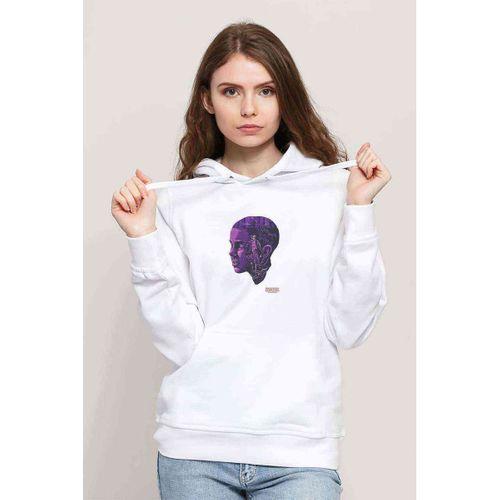Stranger Things Eleven Mor Baskılı Beyaz Kadın Kapşonlu Sweatshirt