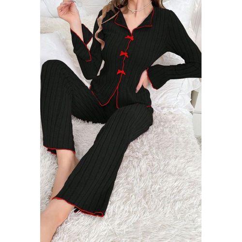 Kadın Siyah Kırmızı Biyeli Fiyonk Detaylı Uzun Kollu Mevsimlik Pijama Takımı Premium Ev Giyim