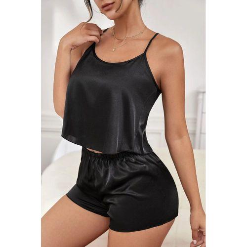 Kadın Siyah Asimetrik Sırt Dekolte Detaylı Şık Şortlu Gecelik Takım