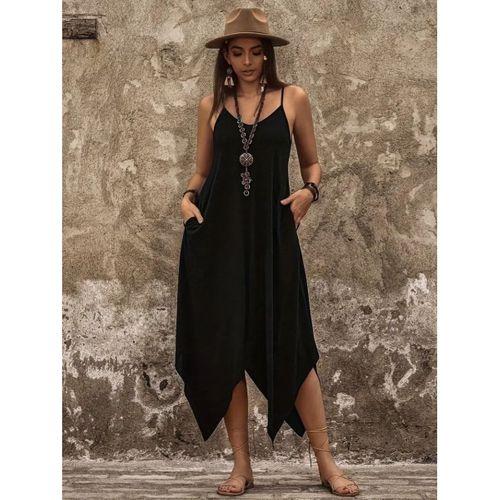 Kadın Askılı V Yakalı Cep Detaylı Asimetrik Kesim Detaylı Viskon Elbise